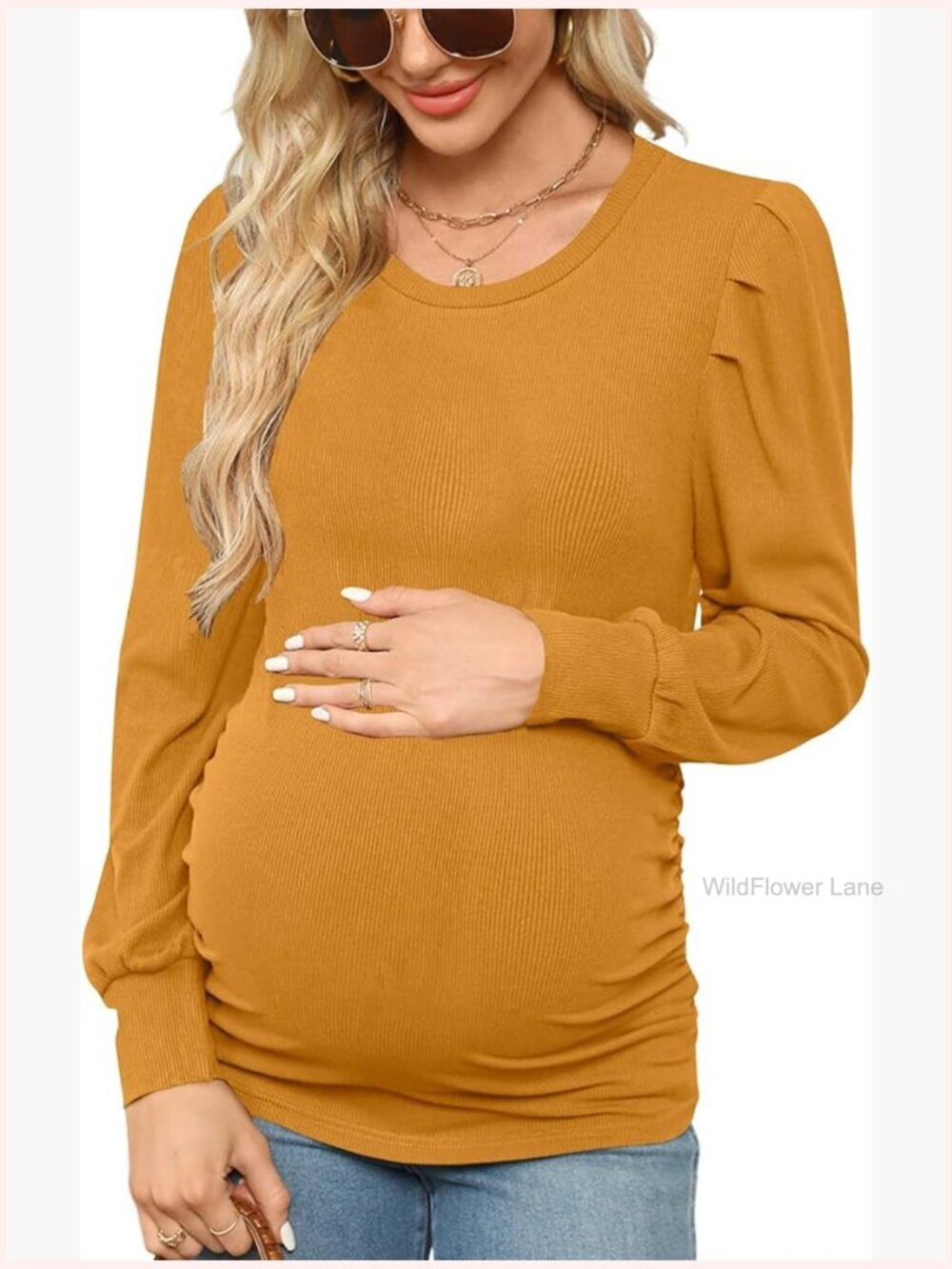 Long Sleeve Puff Sleeve Maternity Tunic Top Stretch Ruched Sides